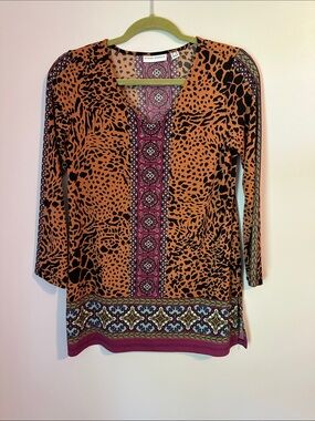 QVC Susan Graver Rust and Magenta Crystals Printed V-Neck Tunic